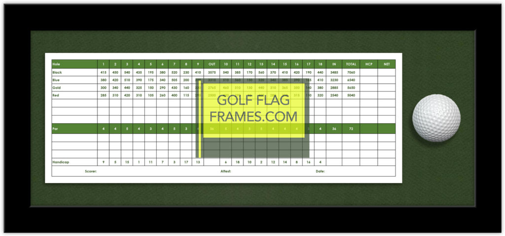 Here is the GolfFlagFrames.com 4x12 or 5x12 Scorecard and Golf Ball Frame with green mat