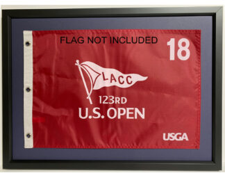 US Open Flag Frame; Holds Souvenir US Open, PGA Championship or Ryder Cup Golf Flag (Black Moulding blk-001, True Navy Mat)