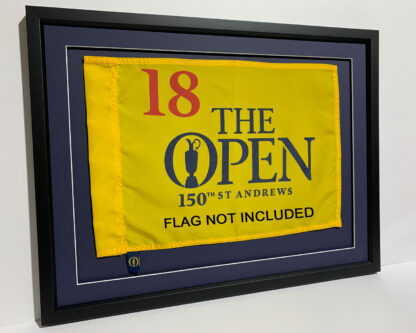 UPDATED MAT MARCH '24 Open Championship/British Open 18x24 Compact Black Frame to Hold 13x19 Open Championship Souvenir Golf Flag (Moulding blk-001, Floated Double Indigo Blue Mat)