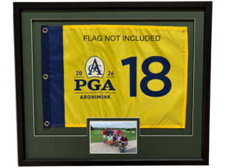 21x25 Black Frame to Hold 14X20 Golf Flag and 5x7 Horizontal Photo (Moulding blk-001, NEW Fairway Green Floated Double Mats) UPDATED JULY 2025