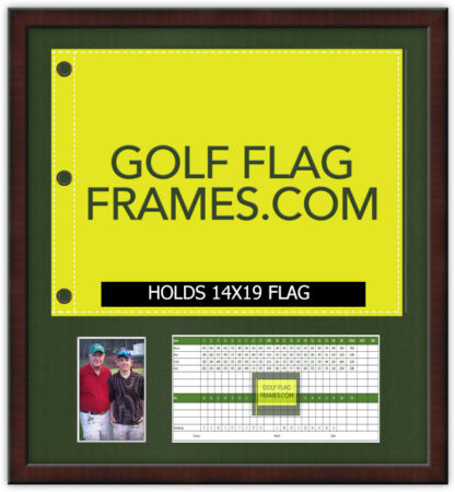 CUSTOM MICHAEL FLEURY 22X24V  Brown Frame to Hold 14x19 Golf Flag, 4x6 Photo and Scorecard (Moulding brn-002, Green Mat)