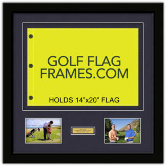 CUSTOM ROBERT BARTSCH 26x26 Black Frame to Hold 14x20 Golf Flag, (2) 5X7 Horizontal Photos, and Engraved Plate (Moulding blk-003, Floated Double True Navy Mat)