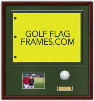 CUSTOM GREG SLICKER 25"x27" Mahogany Color Golf Flag, Photo & Ball Frame (Moulding brn-012, Black Mats)