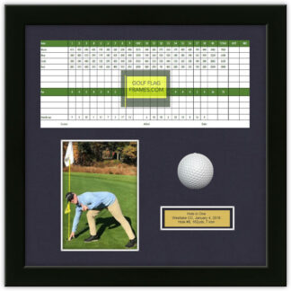 Hole In One 15X15 Black Golf Scorecard, Ball; Photo Frame Holds Up To 6"x8" or 6"x12" Scorecard and 4x6 or 5x7 VERTICAL Photo (Moulding blk-004, True Navy Mat) UPDATED JULY 2025