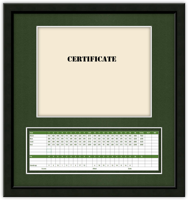 Custom KYLE TIERNAN 14X15V Frame to Hold 8X10 Certificate and 3.5×11 Scorecard(Black Moulding BLK-001- Fairway Green Mat)