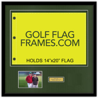 CUSTOM DUSTIN HUGHES 25X25 FRAME TO HOLD 14X20 FLAG AND 5X7H PHOTO; BLACK SHADOWBOX MOULDING, BLK-004 W/GREEN DOUBLE MATTING