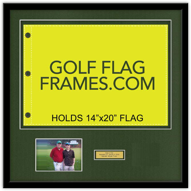 CUSTOM DUSTIN HUGHES 25X25 FRAME TO HOLD 14X20 FLAG AND 5X7H PHOTO; BLACK SHADOWBOX MOULDING, BLK-004 W/GREEN DOUBLE MATTING