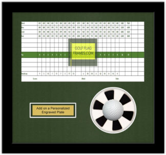 Unique Hole In One Putting Cup Black Golf Ball Frame, 13"x14" Shadowbox Frame; Horizontal Scorecard and Verbiage Space (Moulding blk-004, NEW Fairway Green Mat)