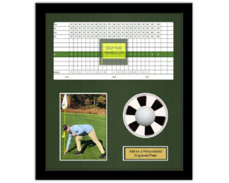 Unique Hole In One Putting Cup Black Golf Ball Frame, 14"x16" Shadowbox Frame; Horizontal Scorecard, 5"X7" Vertical Photo and Verbiage Space (Moulding blk-004, NEW Fairway Green Mat)