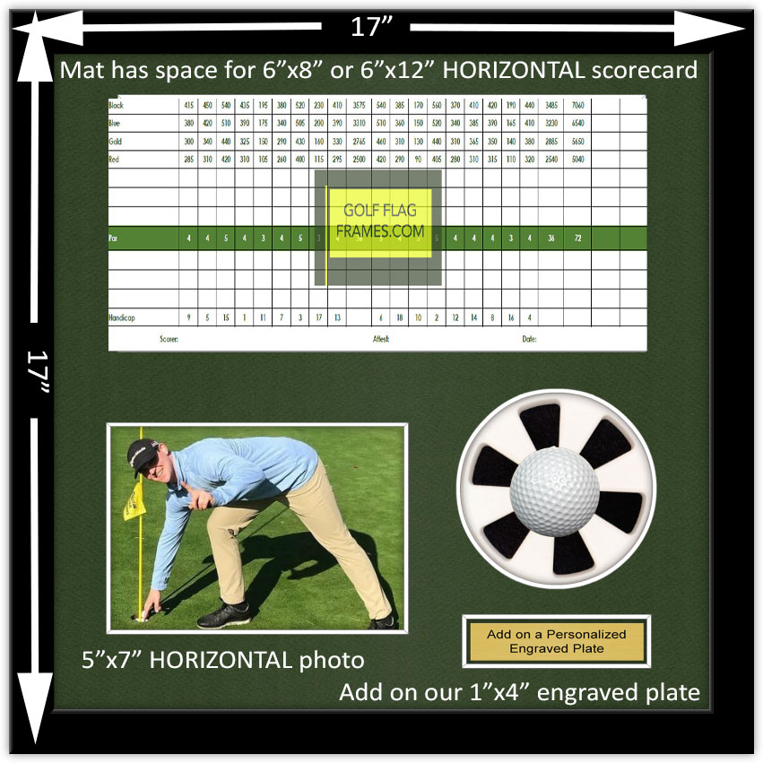 Unique Hole In One Putting Cup Black Golf Ball Frame, 15"x15" Shadowbox Frame; Horizontal Scorecard, 5"X7" Horizontal Photo and Verbiage Space (Moulding blk-004, NEW Fairway Green Mat) - Image 2
