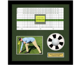 Unique Hole In One Putting Cup Black Golf Ball Frame, 15"x15" Shadowbox Frame; Horizontal Scorecard, 5"X7" Horizontal Photo and Verbiage Space (Moulding blk-004, NEW Fairway Green Mat)