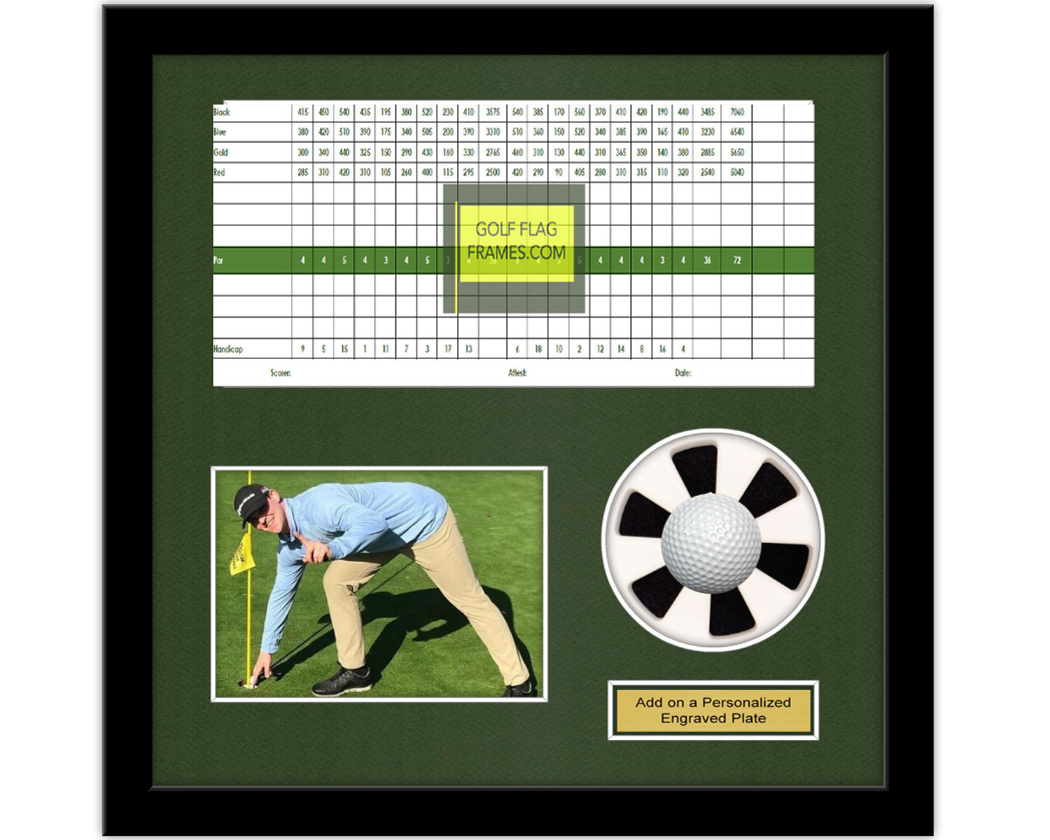 Unique Hole In One Putting Cup Black Golf Ball Frame, 15"x15" Shadowbox Frame; Horizontal Scorecard, 5"X7" Horizontal Photo and Verbiage Space (Moulding blk-004, NEW Fairway Green Mat)